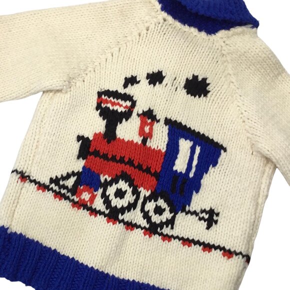 Vintage 60s Hand Knit Child's Cardigan Zipper Full Zip Sweater Train Double Side - Picture 8 of 9